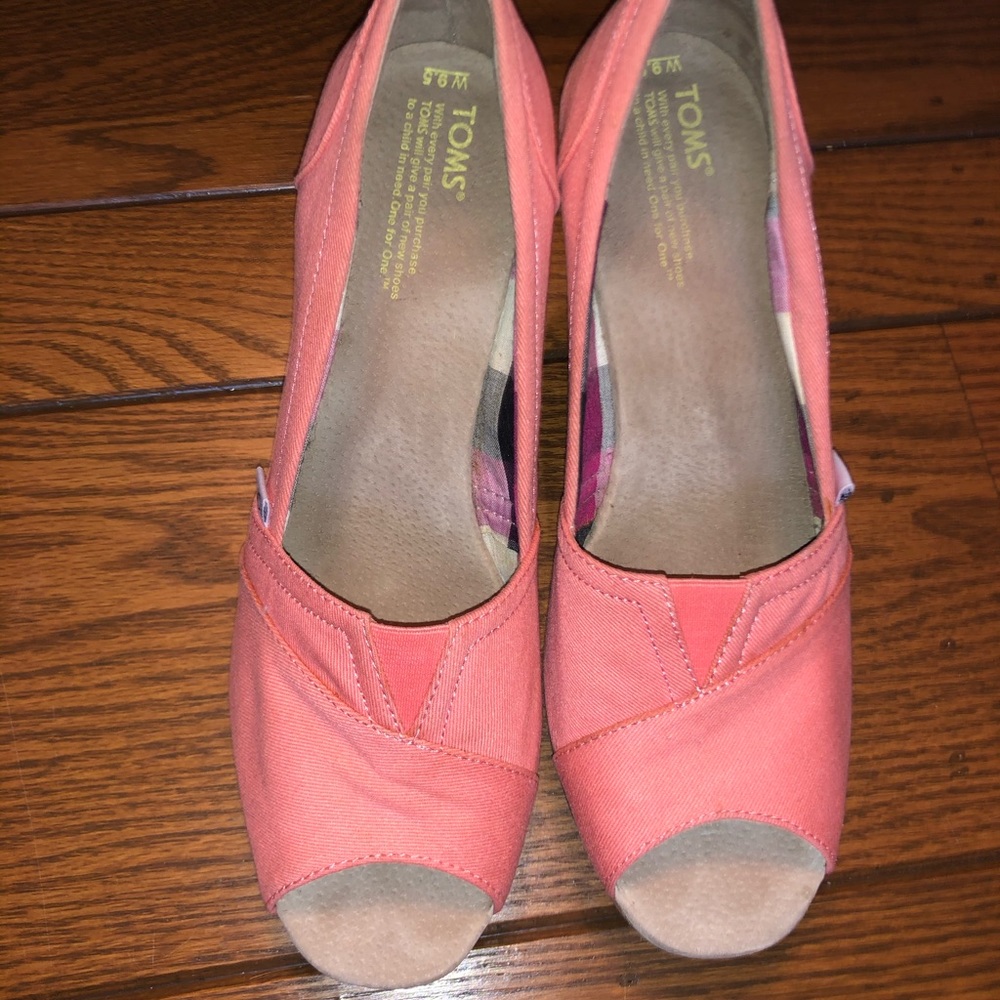 TOMS pink canvas and cork wedges, size 9.5